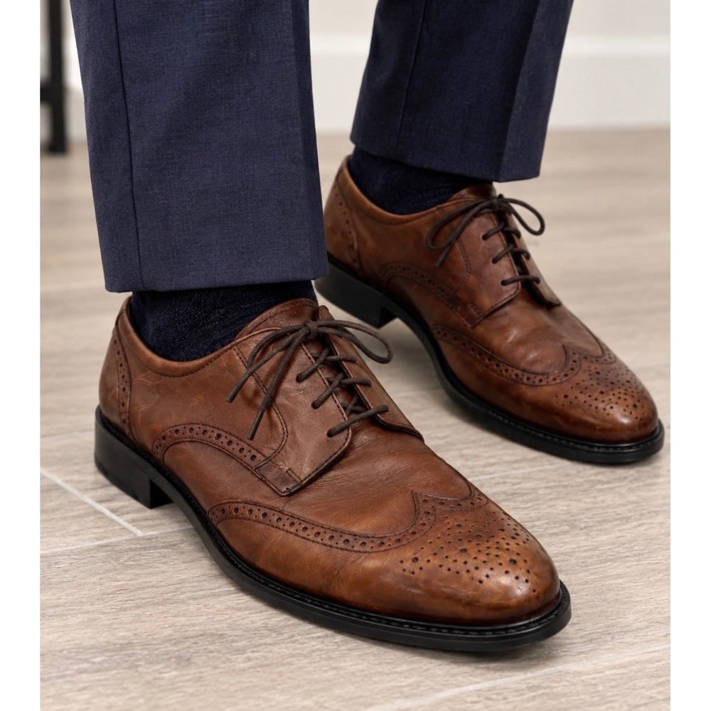 Johnston & Murphy Mens Brown Leather Wingtip Oxford Dress Shoes Size 12M